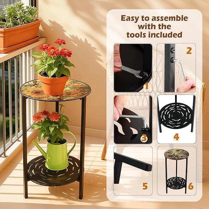 2-Tier Metal Round Side Table Black Accent Coffee Tables Small Space Corner Plant Stand Shelf for Indoor Outdoor Use Patio Balcony End Table Flower Print Weather-Resistant