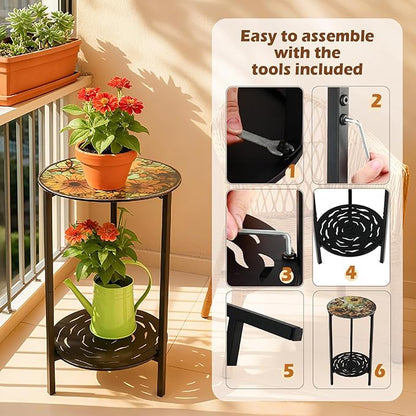 2-Tier Metal Round Side Table Black Accent Coffee Tables Small Space Corner Plant Stand Shelf for Indoor Outdoor Use Patio Balcony End Table Flower Print Weather-Resistant