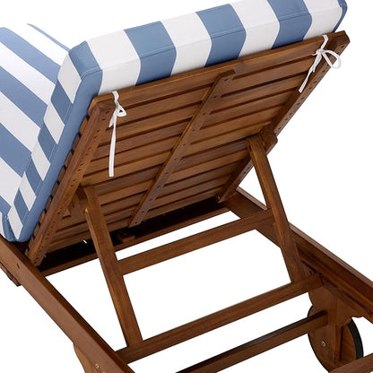 SAFAVIEH Outdoor Patio Furniture Collection - Newport Natural Solid Wood Chaise Lounge Chair with Baby Blue Stripe Cushion, Adjustable Backrest (PAT7316U)