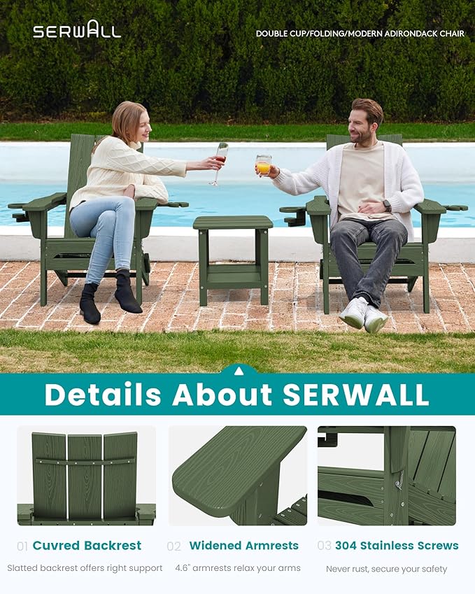 SERWALL Modern Adirondack Chair, Folding Adirondack Chair with Dual Cup Holders - Photo 4