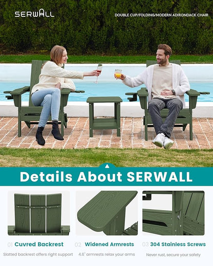 SERWALL Modern Adirondack Chair, Folding Adirondack Chair with Dual Cup Holders, Outdoor HDPE Fire Pit Chair for All Weather Use, Avocado Green