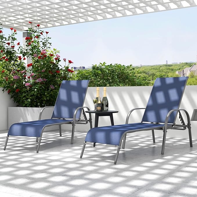Tangkula Outdoor Lounge Chairs Set of 2, Patio Chaise Lounge with Adjustable Backrest, Reclining Pool Lounge Chairs for Outside with Heavy Duty Steel Frame for Beach, Yard, Balcony, Poolside (Navy)
