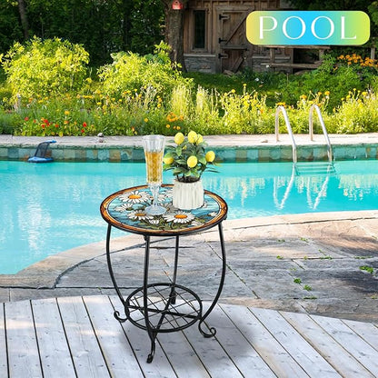 Outdoor Side Table Round Small Mosaic Patio Accent Indoor End Plant Coffee Tea Table for Yard Patio Porch Garden Living Room, Bedroom(Daisy Style,14 Inch)