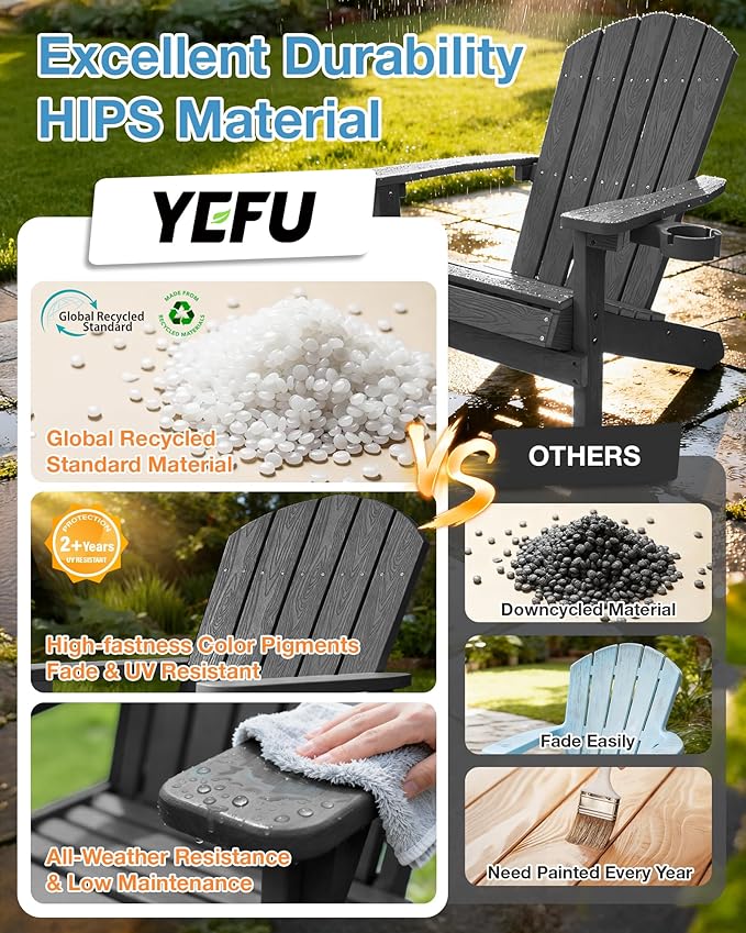 YEFU Adirondack Chairs with Cup Holders: Set of 6 Fire Pit Chairs Plastic with Wood Texture - Sturdy All-Weather HIPS for Patio Backyard Lawn - Easy Assembly Outdoor Furniture(Dark Grey)