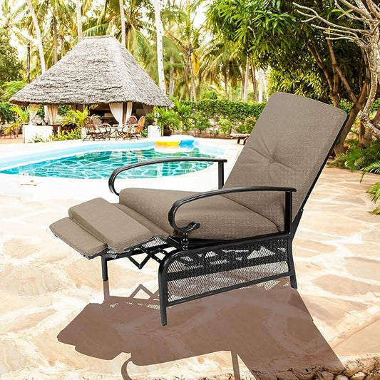 SUNCROWN Outdoor Adjustable Recliner Chair for Patio - A Relaxing Outdoor Metal Furniture Chair with Thick Cushion, Brown