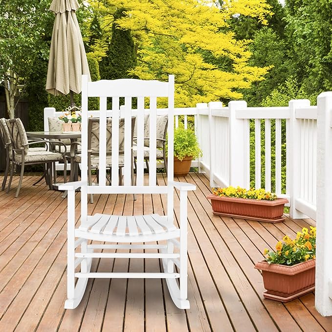 Outdoor Porch Rocker Chairs,Weather Resistant Wood Rocking Chair for Adults,Modern Rocking Accent Chairs,Indoor Outside Furniture Rocker,with Armrest,for Garden Lawn Backyard Poolside Deck (White)