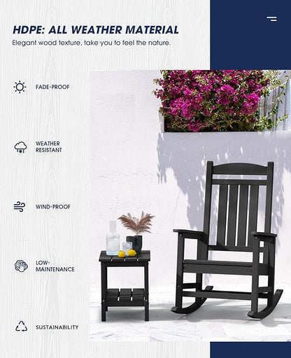 KINGYES Outdoor Rocking Chairs, HDPE All-Weather Patio Rocking Chairs High Back Porch Rocker for Adult, Black