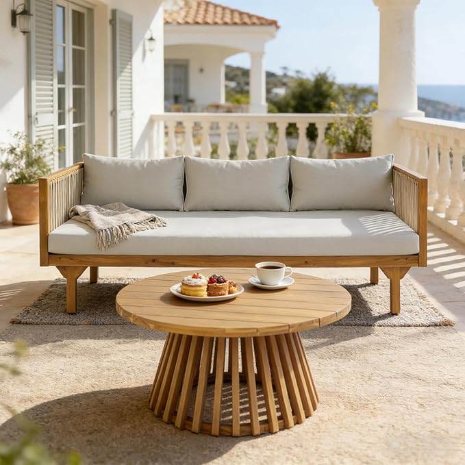 Merax Outdoor Acacia Wood Conversation Set - Patio 3-Seat Loveseat Sofa w/Coushion and Round Coffee Table for Backyard - Photo 3