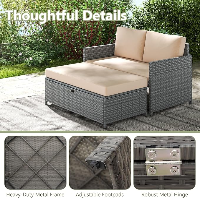 Tangkula Outdoor Rattan Daybed, Wicker Loveseat & 31 Gallon Storage Ottoman w/Soft Cushions - Photo 9