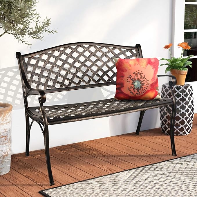 LEISU OKIDA 41” Outdoor Garden Bench All-Weather Cast Aluminum Porch Loveseat Chair for Patio Park Path Yard Lawn Work Entryway Decor Deck (Bronzed)