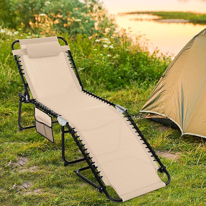 Tangkula Beach Lounge Chair for Outside, Folding Chaise Lounge Outdoor with 4-Position Backrest, Removable Headrest and Side Pocket, Portable Sunbathing Tanning Chair for Patio, Poolside (2, Beige)