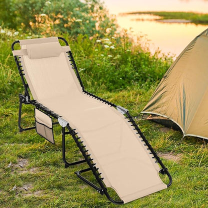 Tangkula Beach Lounge Chair for Outside, Folding Chaise Lounge Outdoor with 4-Position Backrest, Removable Headrest and Side Pocket, Portable Sunbathing Tanning Chair for Patio, Poolside (2, Beige)