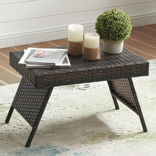Outdoor PE Wicker Coffee Table, Rattan Patio Table for Conversation Set, Outdoor Table for Poolside, Garden, Backyard, Brown