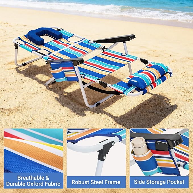 DoCred Heavy Duty Tanning Chair with Face Hole, Adjustable 5-Position Folding Chaise Lounge Chairs for Outside, Portable Lay Flat Beach Lounge Chair for Outdoor Sunbathing Beach Pool Lawn Camping