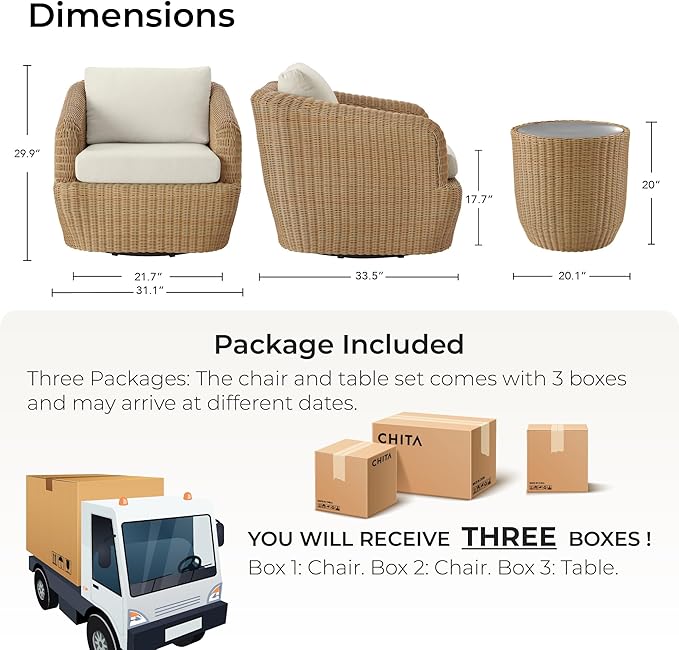 CHITA 3 Pieces Patio Wicker Furniture Set, Outdoor Rattan Bistro Set with Removable Thickened Cushions, Fully Assembled(Beige Cushions with Light Brown Wicker)