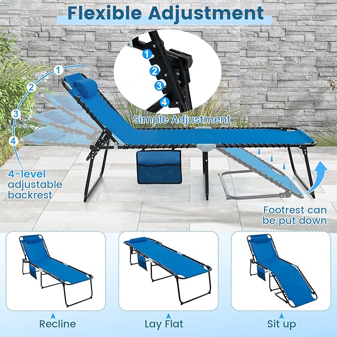 Goplus Chaise Lounge Chair, Outdoor Folding 5-Postion Beach Lounge Chair with Detachable Pillow, Side Pocket, Adjustable Tanning Chair for Patio Lawn Pool Yard