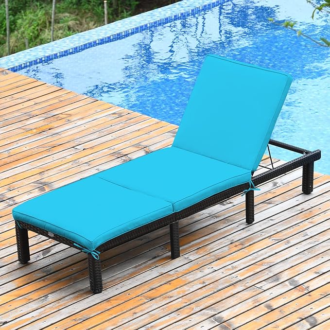 COSTWAY 2PCS Rattan Lounge Chair Chaise Recliner Adjustable Cushioned Turquoise - Photo 2