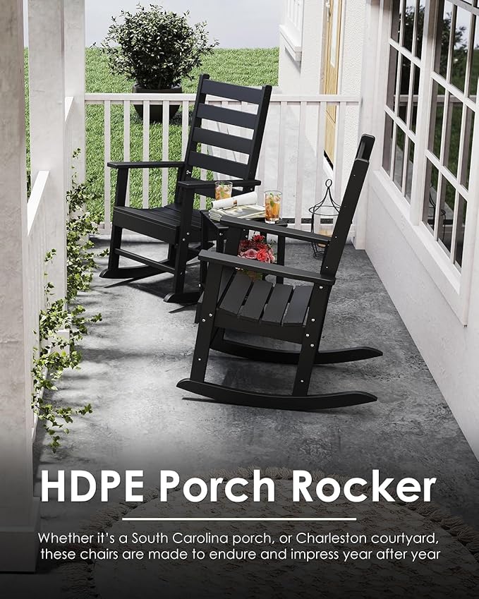 GREENVINES Outdoor-Rocking-Chairs-Set-of-4 | HDPE Plastic | Patio Rockers | Porch Rocker Chair | Shaker | Oversized | High Ladder Back | Big & Tall | PentaLuxe | Black