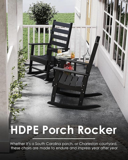 GREENVINES Outdoor-Rocking-Chairs-Set-of-2 | HDPE Plastic | Patio Rockers | Porch Rocker Chair | Shaker | Oversized | High Ladder Back | Big & Tall | PentaLuxe | Black