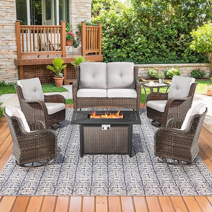 Patio Loveseat Glider Set, Resin Wicker Loveseat Glider with 4 Swivel Patio Chiars Rectangular Firepit Table, 7 Piece Patio Conversation Loveseat Set, Brown Wicker|Beige Cushions
