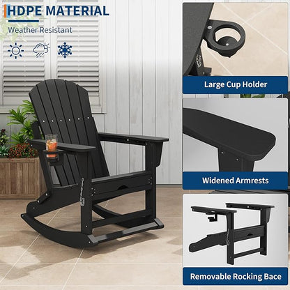PeakPursuit Adirondack Outdoor Rocking Chairs with Two Cup Holders, HDPE All Weather Outdoor Adirondacks Rocking Chair with Retractable Ottoman