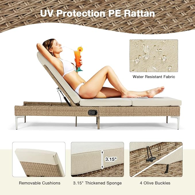 HOMREST Outdoor Chaise Lounge Chair Set of 6, Patio Wicker Lounge Chair with Adjustable Backrest, Rattan Pool Recliner with Removable Cushion Suitable for Outside Khaki