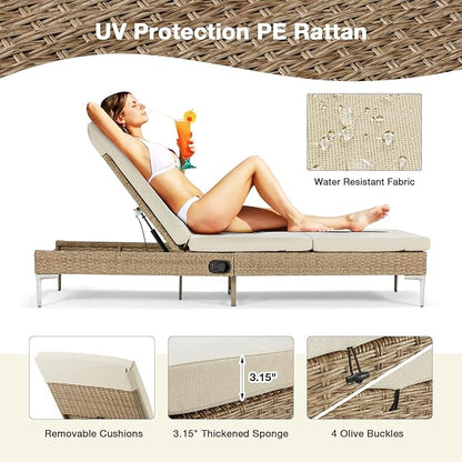 HOMREST Outdoor Chaise Lounge Chair Set of 6, Patio Wicker Lounge Chair with Adjustable Backrest, Rattan Pool Recliner with Removable Cushion Suitable for Outside Khaki