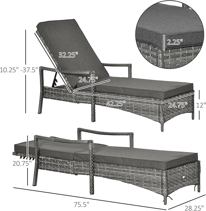 Outsunny Wicker Chaise Lounge, 4 Position Adjustable Backrest and Cushions Outdoor Lounge Chair PE Rattan Sun Lounger for Poolside, Balcony or Garden, Dark Grey