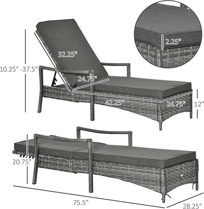 Outsunny Wicker Chaise Lounge, 4 Position Adjustable Backrest and Cushions Outdoor Lounge Chair PE Rattan Sun Lounger for Poolside, Balcony or Garden, Dark Grey