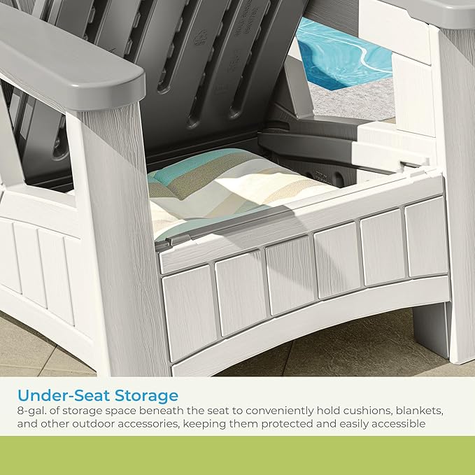 Suncast Outdoor Patio Adirondack Chair with 8 Gallons of Under-Seat Storage, Stylish Faux Wood Outdoor Storage Chair, Dove Gray/Ice Cube, Made in The USA