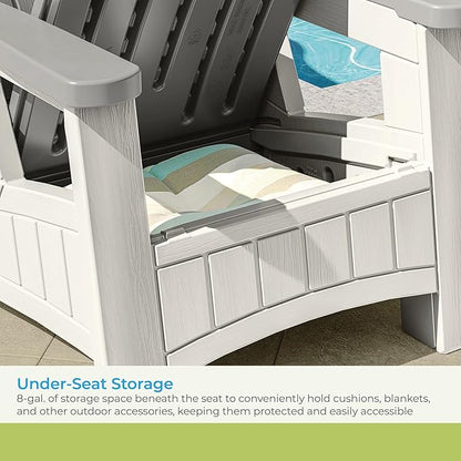 Suncast Outdoor Patio Adirondack Chair with 8 Gallons of Under-Seat Storage, Stylish Faux Wood Outdoor Storage Chair, Dove Gray/Ice Cube, Made in The USA