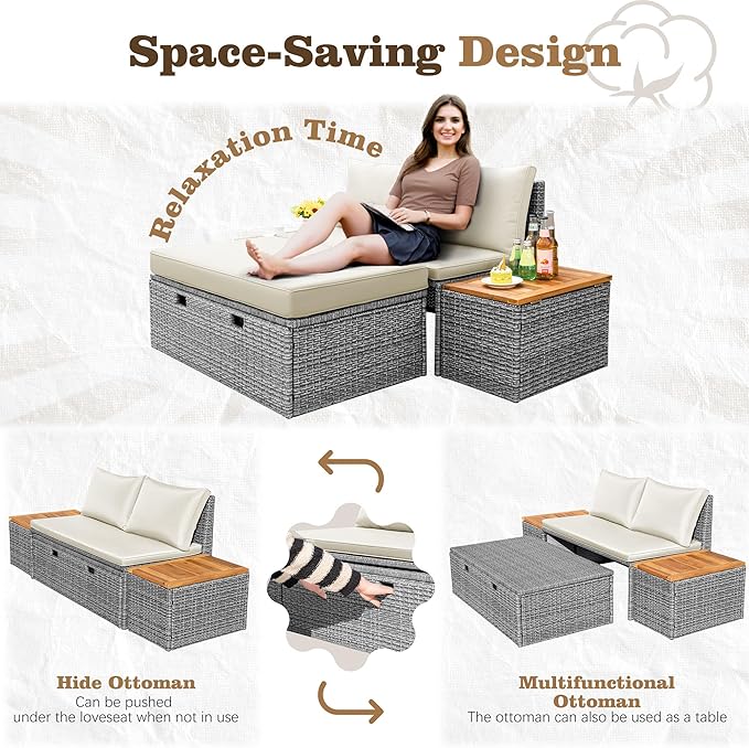 Flamaker Outdoor Rattan Daybed with 2 Side Tables, Multifunctional Wicker Patio Sofa with Storage Ottoman, Cushions - Photo 7