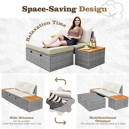 Flamaker Outdoor Rattan Daybed with 2 Side Tables, Multifunctional Wicker Patio Sofa with Storage Ottoman, Cushions, Sunbed Wicker Furniture Chaise Lounge Chair for Backyard Porch Poolside(Beige)