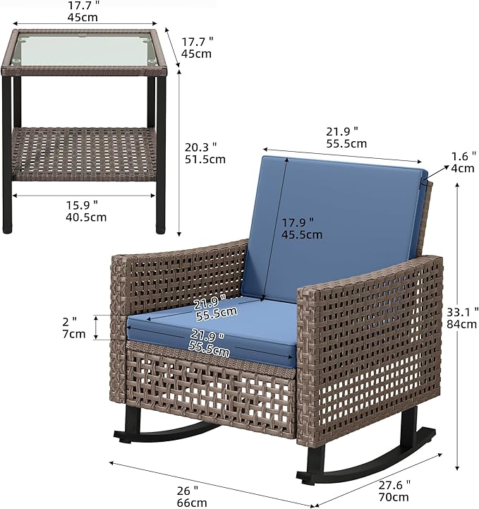 YITAHOME 3 Pieces Patio Wicker Rocking Chair Set, Outdoor Patio Furniture Set with Rattan Side Table, Thickened Cushions - Photo 7