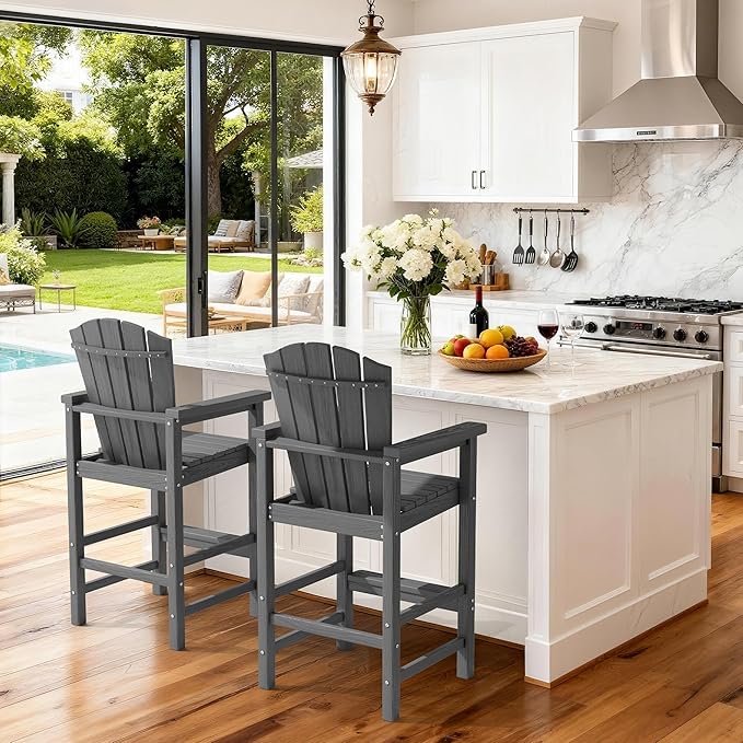 KINGYES Tall Adirondack Chair Set of 2, All-Weather HDPE Outdoor Adirondack Barstools with Removable Double Connecting Trays, High Airondack Chair with Wood Grain, Embossed Balcony Chair, Gray