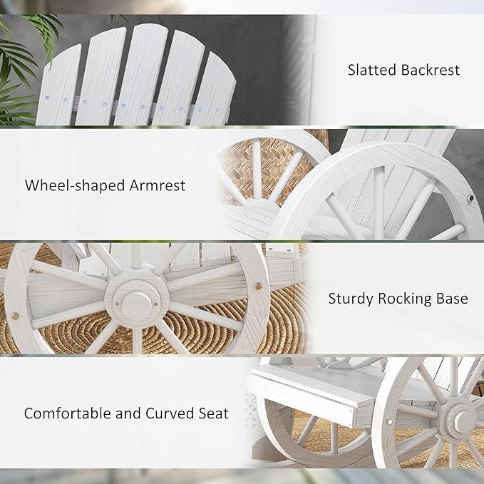 Outsunny Wooden Rocking Chair, Adirondack Rocker with Slatted Design and Oversized Back, Outdoor Rocking Chair with Wagon Wheel Armrest for Porch, Poolside, and Garden, White