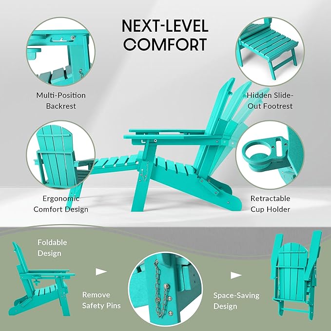 WestinTrends Malibu Folding Adjustable Adirondack Chair with Retractable Ottoman and Cup Holder (Set of 2), Turquoise