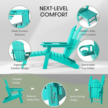 WestinTrends Malibu Folding Adjustable Adirondack Chair with Retractable Ottoman and Cup Holder, Turquoise