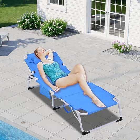 3-in-1 Oversized Sun Tanning Chair with Mat & Face Hole, Heavy Duty Folding Chaise Lounge - 5-Position Adjustable Outdoor Chair for Beach, Pool, Patio, Lawn, Yard - Includes Pillow (Blue)