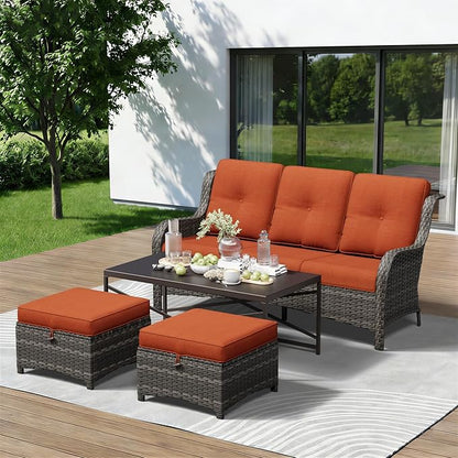 4-Piece Outdoor Couch Set, Includes Wicker Patio Sofa with Thickened Olefin Cushions, High Back and Deep Seating, Hand-Woven PE Rattan and 2 Ottomans, 1 Coffee Table for Porch, Deck