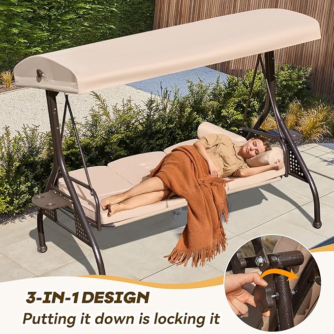3 in 1 Outdoor Porch Swing with Adjustable Canopy, 3 Seat Outdoor Swing for Adults - Photo 3