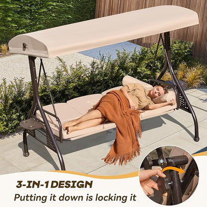 3 in 1 Outdoor Porch Swing with Adjustable Canopy, 3 Seat Outdoor Swing for Adults, Patio Swing Chair with Thickened Cushions,Pillows & Cup Holders for Backyard, Porch, Garden (Khaki)
