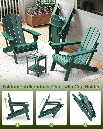 GREENVINES Folding-Adirondack-Chairs-Set-of-4 | HDPE Plastic | Fire Pit Chair | All Weather | Cup Holder | Forest | for Deck Backyard Patio Outdoor Garden
