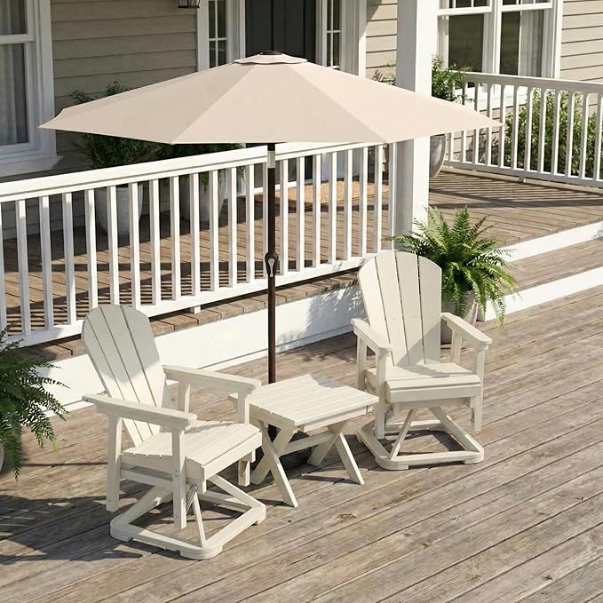 HDPE Outdoor Swivel Glider Chair Set of 2 with Folding Side Table & 9FT Patio Umbrella, Adirondack Wooden Textured Swivel Chairs for Porch, Balcony, Poolside, Backyard (White)