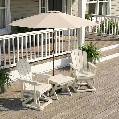 HDPE Outdoor Swivel Glider Chair Set of 2 with Folding Side Table & 9FT Patio Umbrella, Adirondack Wooden Textured Swivel Chairs for Porch, Balcony, Poolside, Backyard (White)