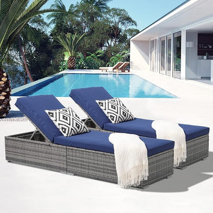 Patiorama Outdoor Patio Chaise Lounge Chair, Elegant Reclining Adjustable Pool Rattan Chaise Lounge Chair with Navy Blue Cushion, Grey PE Wicker, Steel Frame, Set of 2