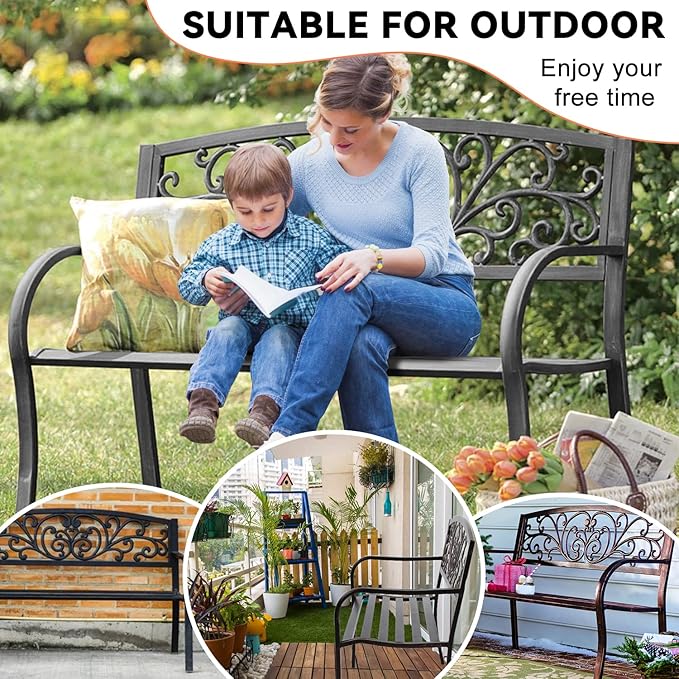 Rust-Proof Cast Iron Park Bench, Black, 50" x 21" x 35"