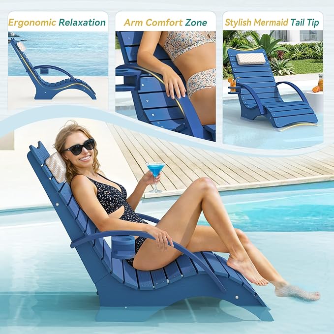 Pool Lounge Chairs, Shallow Water 8-10 Inches Deep, HDPS Fade Resistant Pool Tanning Chair with Armrest, Cup Holder - Photo 6