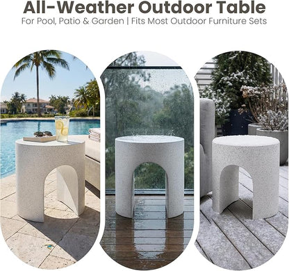 COSIEST White Outdoor Side Table, 15.7" Modern Concrete End Table with Arched Open for Patio, Small Round Outside Accent Table & Plant Stand for Garden, Porch, Deck, Balcony