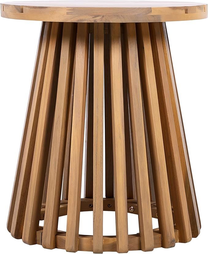 Merax Outdoor Acacia Wood Coffee Table 15.75" Round Patio Side Table for Backyard Lawn Balcony, Aesthetic Slat Base Design (Light Teak)
